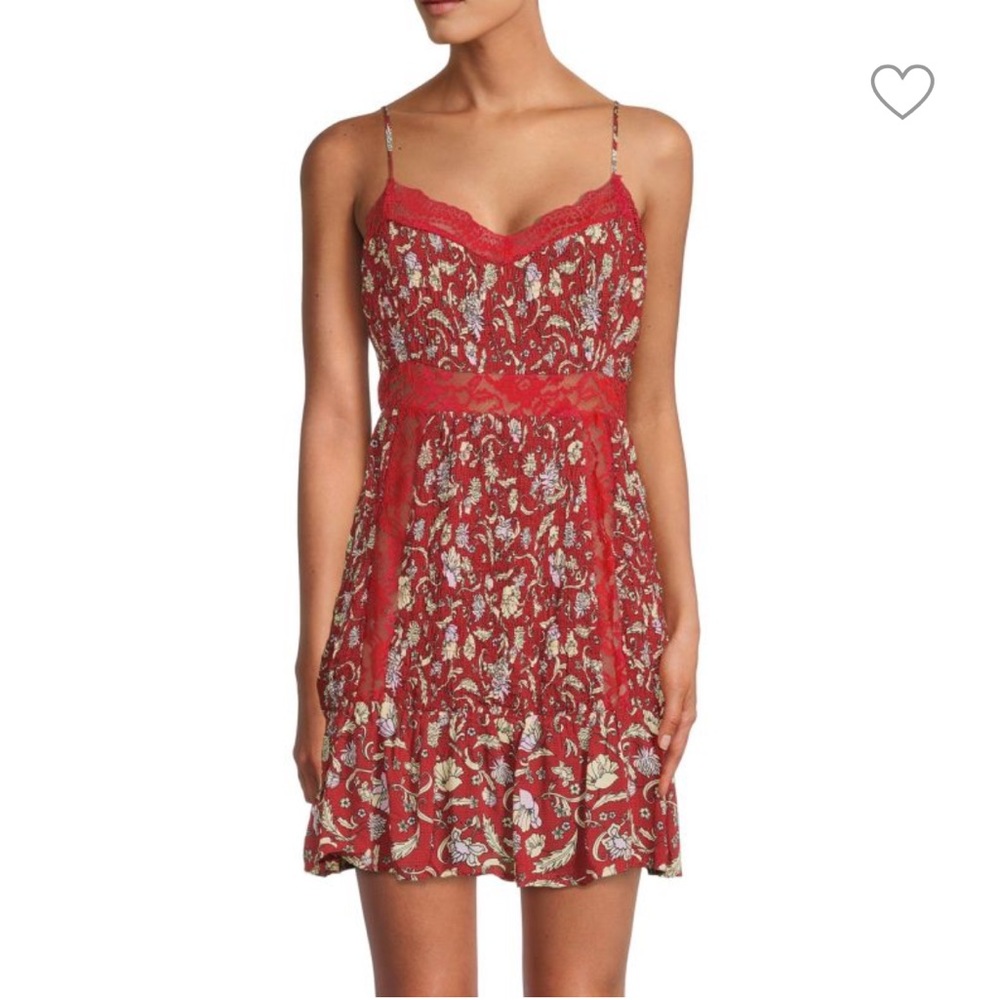 Free People Last Night Smocked Mini Slip Dress Red Spaghetti Strap EUC